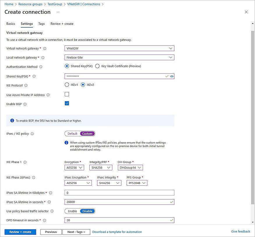 Screenshot of create a connection.